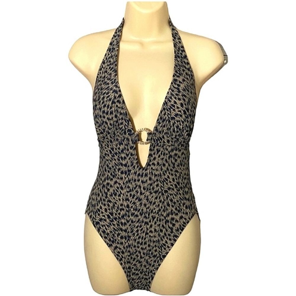 Michael Kors Leopard Print One Piece Swimsuit, Size 4, Black/Tan/Gold NWT